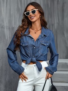 Camisa vaquera unisex con nudo, informal, de manga larga, a la moda, con botones, lavada, de corte ajustado, estilo urbano, elegante y ligera. - Product Image 2
