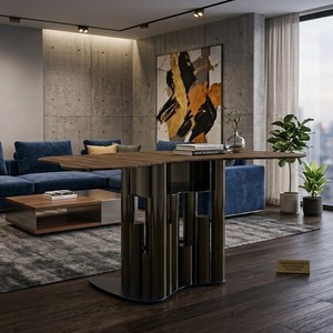 Modern Irregular Wood <b>Top</b> <b>Dining</b> <b>Table</b> with Artistic Cylinder Cluster Base, Luxury Unique Design Desk for Villa & Hotel - Product Image 3