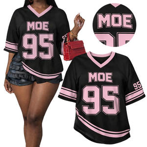 Camiseta de Verano con Estampado de Números, Estilo Urbano, Casual, Holgada, Cuello en V, Camiseta Corta para Mujer, Venta al por Mayor, Jersey de Fútbol Americano - Product Image 1