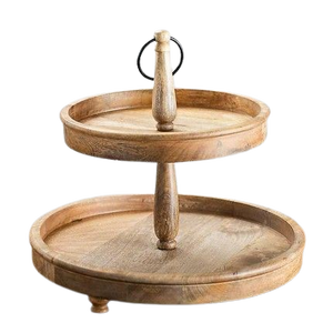 Round Wood Cake Stand with Geometric Metal Base Modern Dessert <b>Display</b> <b>Table</b> - Product Image 3