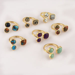 Triple multi gemstone 18k gold plated purple jade <b>thin</b> band front open <b>ring</b> solid brass metallic designer fashion <b>rings</b> for gift - Product Image 6