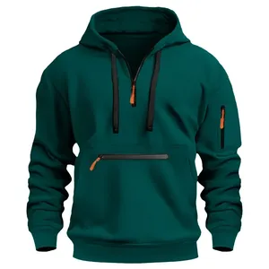 Men's <b>White</b> Hooded <b>Quarter</b> <b>Zip</b> Fleece Lined Front Logo Sweatshirt Regular Fit Solid Color Casual Knitted Pocket Design Winter - Product Image 5