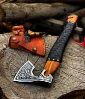 Hache Viking à barbe en acier au carbone, très vendue, avec manche en cuir et bois, forgée à la main, symbole nordique