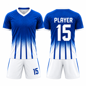 Custom Sublimated Soccer Jersey Set <b>Blue</b> <b>White</b> <b>Striped</b> V-Neck Short Sleeve Moisture Wicking Adult Men 100% Polyester - Product Image 1