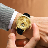 Reloj Mecánico de Esqueleto para Hombre con Logotipo Personalizado OEM ODM, Caja de Acero Inoxidable Dorado, Correa de Cuero Genuino, Reloj de Pulsera Automático