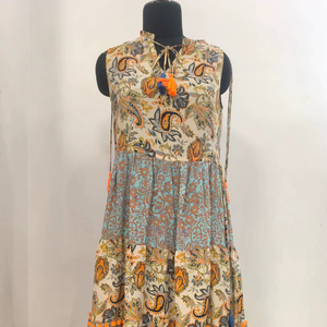 Vestido Mini Boho-Chic de Algodón con Volantes, Sin Mangas, Túnica de Verano, con Ribete, Largo hasta el Tobillo, Estampado Étnico Floral y Rayas, Colección 2026 - Product Image 1
