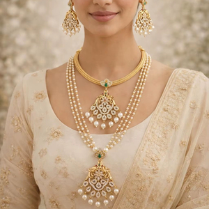 High Quality Traditional South <b>Indian</b> Ethnic Brass Bridal Set Zircon Flower Design Rose Gold Plated Party Anniversary Gift - Product Image 1