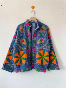 Vintage Blue <b>Velvet</b> Embroidered Suzani <b>Jacket</b> With Floral Pattern Full Sleeve Stand Collar Bohemian <b>Women</b> Winter Outerwear - Product Image 4