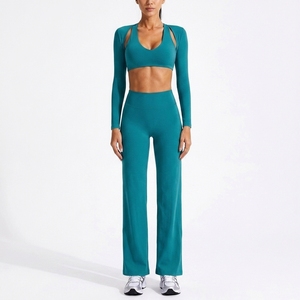 Sportswear Wholesale Slim Fit Crew Neck Backless High Waist 3-Piece <b>Yoga</b> Set Solid Custom Logo High Stretch Sweat-wicking - Product Image 1