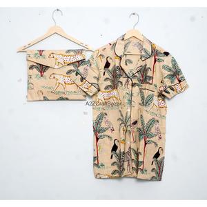 Luxurious 100% Cotton Casual Short Sleeve V-Neck Drawstring Pajama Set for Women Block Print Knitted Fabric Quick Dry Summer - Product Image 5
