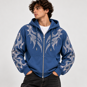 Sudadera con capucha de diamantes de imitación personalizada al por mayor para hombre, con cremallera, adornada con cristales, chaqueta de moda urbana, ropa OEM - Product Image 5
