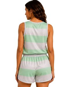 Conjunto de pijama de satén para mujer, camiseta sin mangas con rayas verdes y blancas, pantalones cortos con cintura elástica, conjunto de ropa de dormir de lujo para verano - Product Image 2