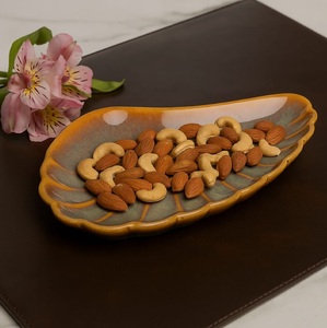 <b>Ceramic</b> Leaf-Shaped Serving <b>Plate</b> Handmade Oriental Design Plant Pattern Dish for Snacks and Pasta Party Use - Product Image 1