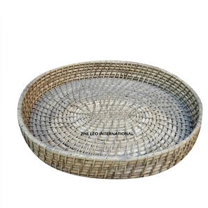 Natural Round Rattan Tray Restaurant Snacks and Serving <b>Baskets</b> Handmade Woven <b>Storage</b> <b>Wicker</b> Crafts - Product Image 1