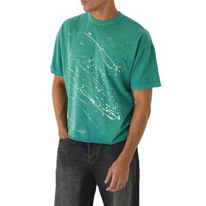 T-Shirt vert à imprimé éclaboussures de peinture pour hommes, Streetwear tendance, imprimé artistique blanc, haut décontracté à manches courtes en coton, nouvelle collection - Product Image 1