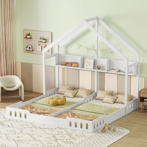 Letto a piattaforma in legno bianco crema per bambini, due letti condivisi con pratici ripiani e sponda di protezione - Product Image 2