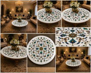 Luxury Marble Coffee <b>Top</b> Floral Inlay Design Handmade Living Room Center <b>Top</b> Elegant White Stone Furniture for Classic Home Deco - Product Image 5