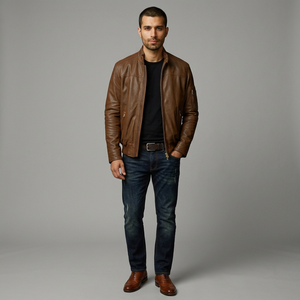 Men's Autumn Warmth <b>Waterproof</b> Breathable Shearling Sheep Skin Leather <b>Jacket</b> Soft Inner Lining Zipper Closure Vintage Pockets - Product Image 1
