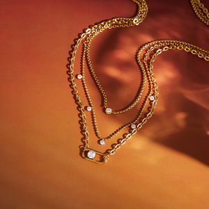 Luxury 18K Gold Plated Alloy Layered <b>Chain</b> Necklace With Cubic Zirconia Setting For Party Gift - Product Image 2