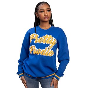 Sudadera Pretty Poodle unisex azul de chenilla con gráfico, cuello redondo, estilo casual de hermandad griega - Product Image 1