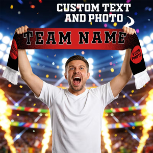 Écharpe de sport longue pour supporters de football avec design personnalisé (nom et photo), rouge, noir, blanc, bord frangé, en acrylique. - Product Image 5