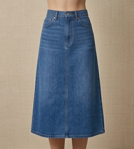 Jupe midi trapèze en jean taille haute pour femme, couleur unie, boutonnée sur le devant, décontractée, en tissu de coton délavé, style printemps - Product Image 1