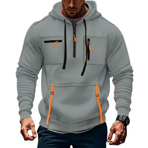 Sweat-shirt à capuche mi-zippé kaki pour homme avec plusieurs poches, fermeture éclair orange, vêtement décontracté pour l'extérieur, coupe classique, style automne - Product Image 3