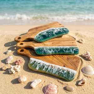Premium Acacia <b>Wood</b> Ocean Resin Cutting Board Teal Sea Wave Epoxy Charcuterie Board Rectangular Cheese Serving Tray Wholesale - Product Image 6