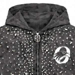 Sudadera con capucha gris carbón perlado con cremallera, chaqueta de streetwear con cristales brillantes, sudadera con capucha de manga larga - Product Image 3