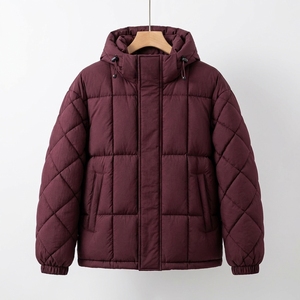 Men's <b>Burgundy</b> Hooded <b>Puffer</b> <b>Jacket</b> Padded Winter Coat Warm Zip Up Outdoor Streetwear Custom Private Label Apparel OEM ODM - Product Image 2