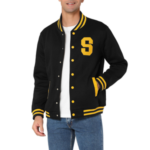 Blouson universitaire homme noir et jaune en molleton avec patchs lettres en chenille, style baseball, streetwear, blouson Letterman, vente en gros pour l'hiver - Product Image 3