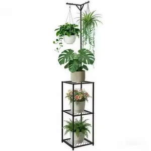 Soporte para plantas de alta resistencia Top Market, carrito rodante de metal negro de 3 niveles con barra colgante superior para balcones. - Product Image 3