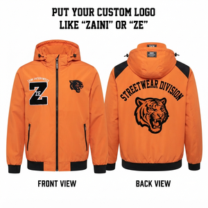 Veste coupe-vent en toile imperméable et respirante pour homme, hiver, 120 GSM, orange, panneaux noirs aux épaules, logo imprimé - Product Image 1