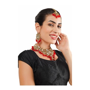 Ethnic Gold Plated Kundan Jewelry <b>Set</b> Necklace Earrings Maang Tikka Women Wedding Bridal Wear Red <b>Crystal</b> Rhinestone Alloy - Product Image 1