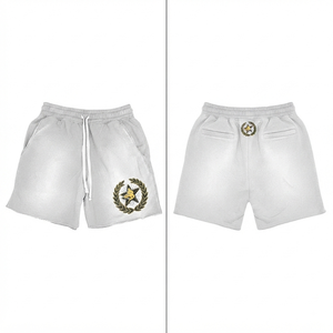 Shorts de bain délavés pour hommes, en coton tissé premium 140g, avec logo frontal personnalisé à sequins, noir et vert, taille élastique sportive, coupe ample - Product Image 1
