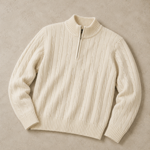 Pull en laine tricoté pour homme, couleur unie, maille torsadée, fermeture à quart de zip, manches longues, pour l'automne, sur mesure et en gros - Product Image 4