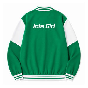 Chaqueta cortavientos personalizada de la hermandad Iota Phi Lambda con logo bordado en verde y blanco, estilo casual para mujer con forro de poliéster. - Product Image 3