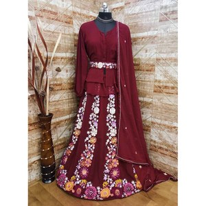 FANCY DESIGNER <b>TOP</b> BOTTOM with DUPATTA GEORGETTE EMBROIDERY WORK PARTY WEAR SEMI STITCHED <b>MAROON</b> - Product Image 1