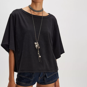 Nueva Camiseta Casual de Verano para Mujer, Cuello Redondo, Talla Grande, Color Negro Sólido, Manga Murciélago, Corte Regular, Tela Jersey - Product Image 1