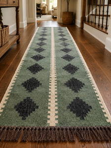 Boho <b>Green</b> Wool Jute <b>Runner</b> Rug Handmade Scandinavian Kilim <b>Carpet</b> Custom Farmhouse Corridor Hallway Entryway Floor - Product Image 2