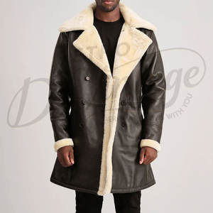 Manteau en cuir véritable marron foncé pour homme, doublure en fausse fourrure, chaud pour l'hiver, long, à double boutonnage, en cuir - Product Image 1