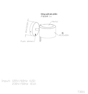 Modern Metal LED Wall lamp with LED 5W CRI≥80 CT 3000K Push <b>dimmer</b> - Product Image 6