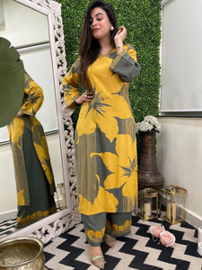 <b>Women</b> Yellow Floral Printed Silk Blend <b>Kurta</b> Palazzo Set Regular Fit Knee-Length Traditional Indian Pakistani Casual Wear - Product Image 5