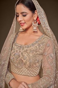 Beige Modern Woven Zari Embroidered <b>Net</b> Lehenga Choli Set Wedding Party Women Ethnic Outfit with Dupatta Eco-Friendly - Product Image 5