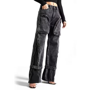 Pantalones Cargo de Mezclilla para Mujer, Cintura Alta, Ecológicos, Transpirables, con Cremalleras y Aberturas, Corte Regular, Largos - Product Image 4