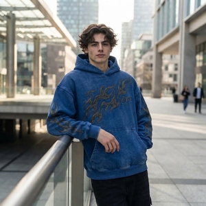 Sweat-shirt à capuche brodé bleu pour homme en molleton de coton premium, style streetwear, avec logo personnalisé, vente en gros, tendance - Product Image 2
