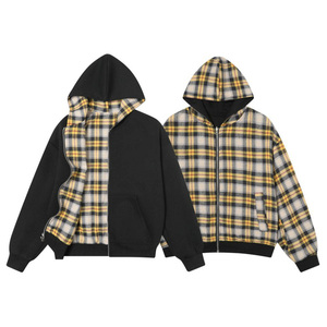 Sweat-shirt à capuche pour homme, doublé à carreaux, avec poches zippées, coupe oversize, décontracté, pour l'hiver, 100% coton, molleton tricoté, manches classiques - Product Image 1