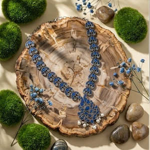 DIVYORO ROYAL BLUE FLORAL MOTIF OXIDIZED SILVER <b>LONG</b> ADJUSTABLE LENGTH CLASSIC STYLE PARTY <b>NECKLACE</b> SET - Product Image 3