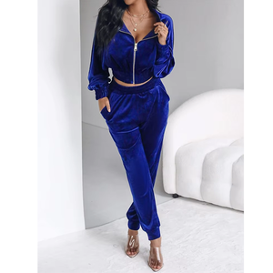 Custom <b>Women</b> Velour Zip up Cropped Hoodie Wide Leg Pants Tracksuit Two Piece <b>Set</b> Y2K Loungewear OEM ODM Manufacturer - Product Image 4