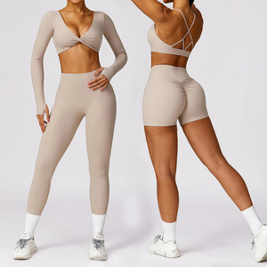 Vêtements de sport Pilates de haute qualité, respirants, pour la gym et le fitness, ensemble de yoga avec hauts et bas à taille haute croisée - Product Image 1